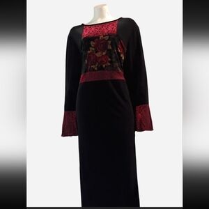 VTG 90s Goth Style Studio Ease Women's Size 16 Patchwork Velvet Rose Maxi Dress